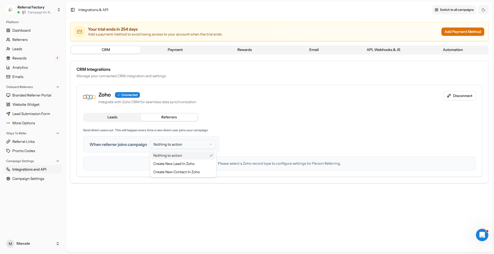 Zoho Referrers action dropdown in Referral Factory