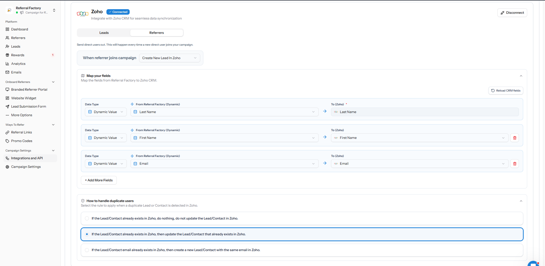 Zoho Lead mapping and duplicate settings for new referrers