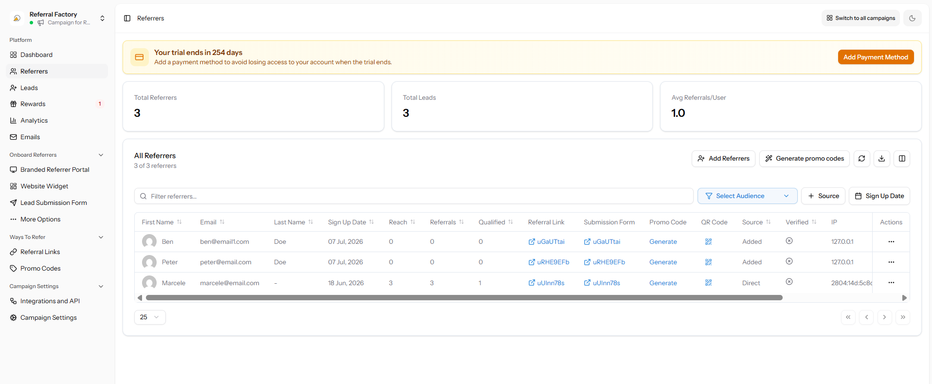 Referral Factory Referrers table after Zoho records have been synced