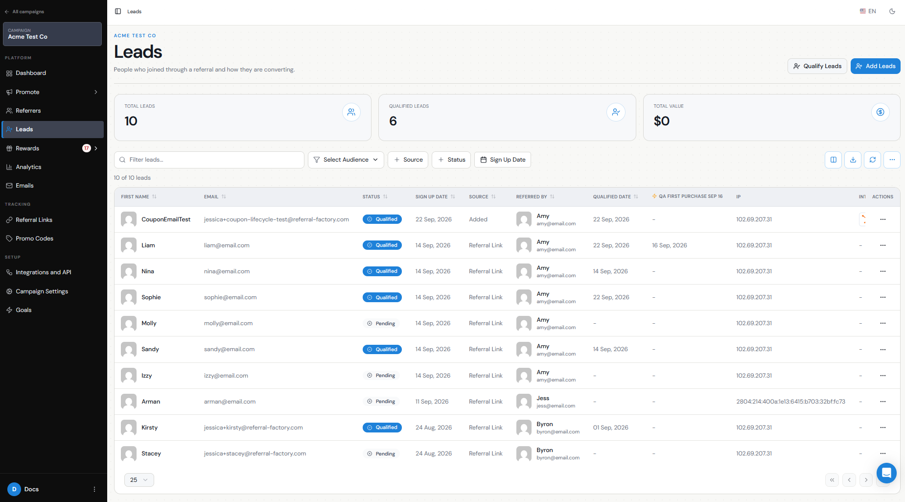 Leads table showing Pending and Qualified statuses