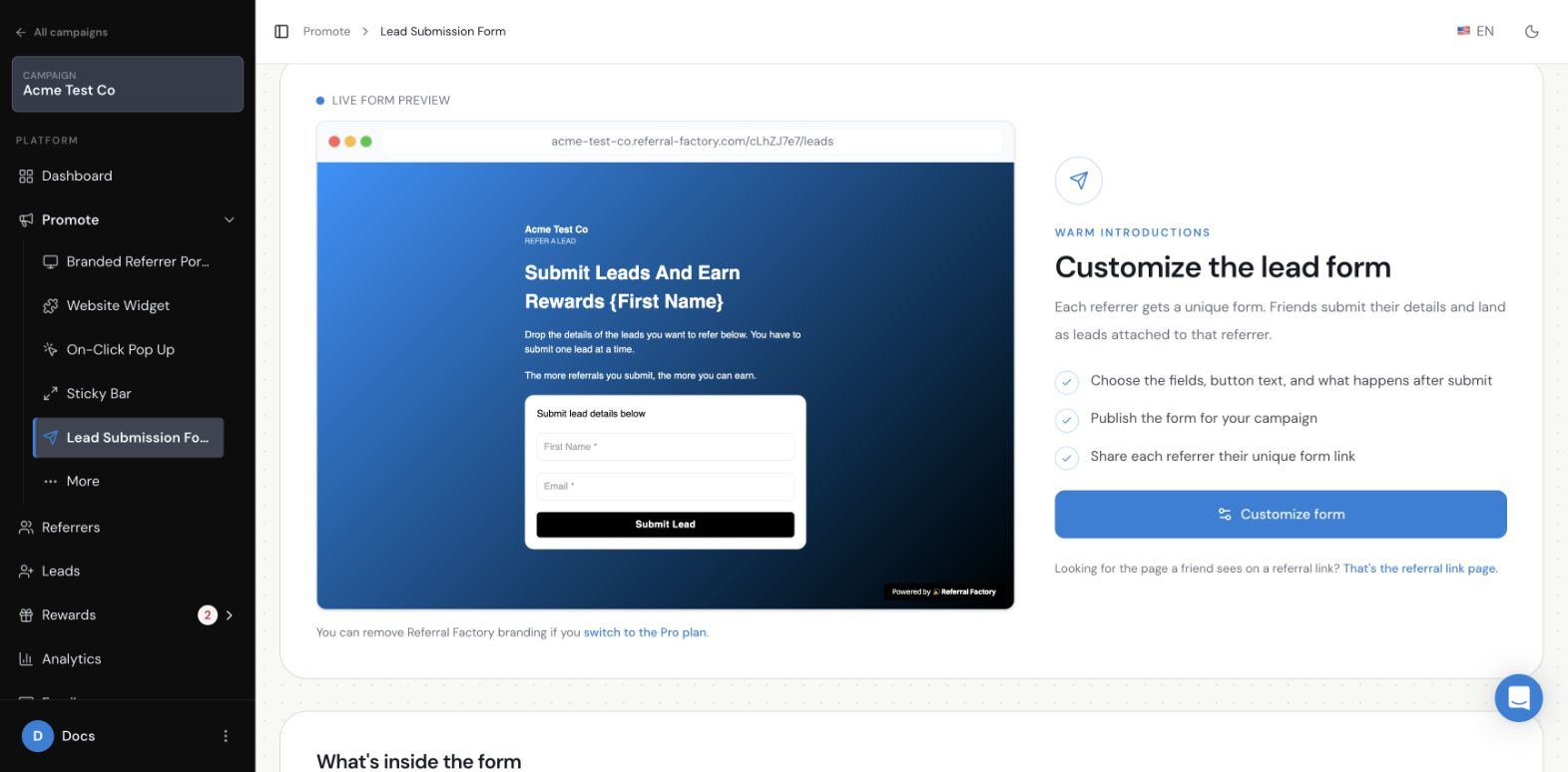 Lead Submission Form page with live preview and setup areas