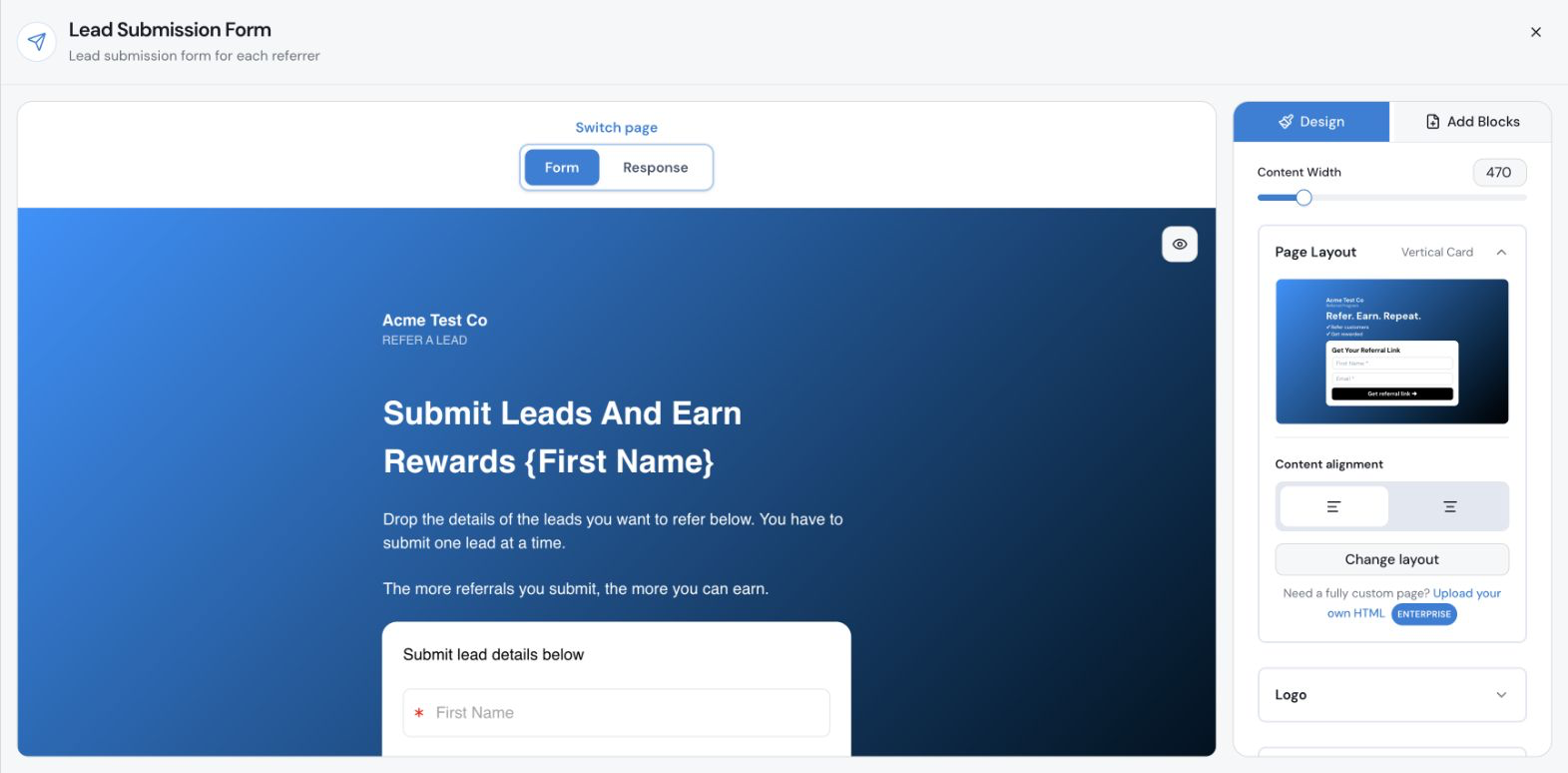 Lead Submission Form builder with Form selected and Design panel visible