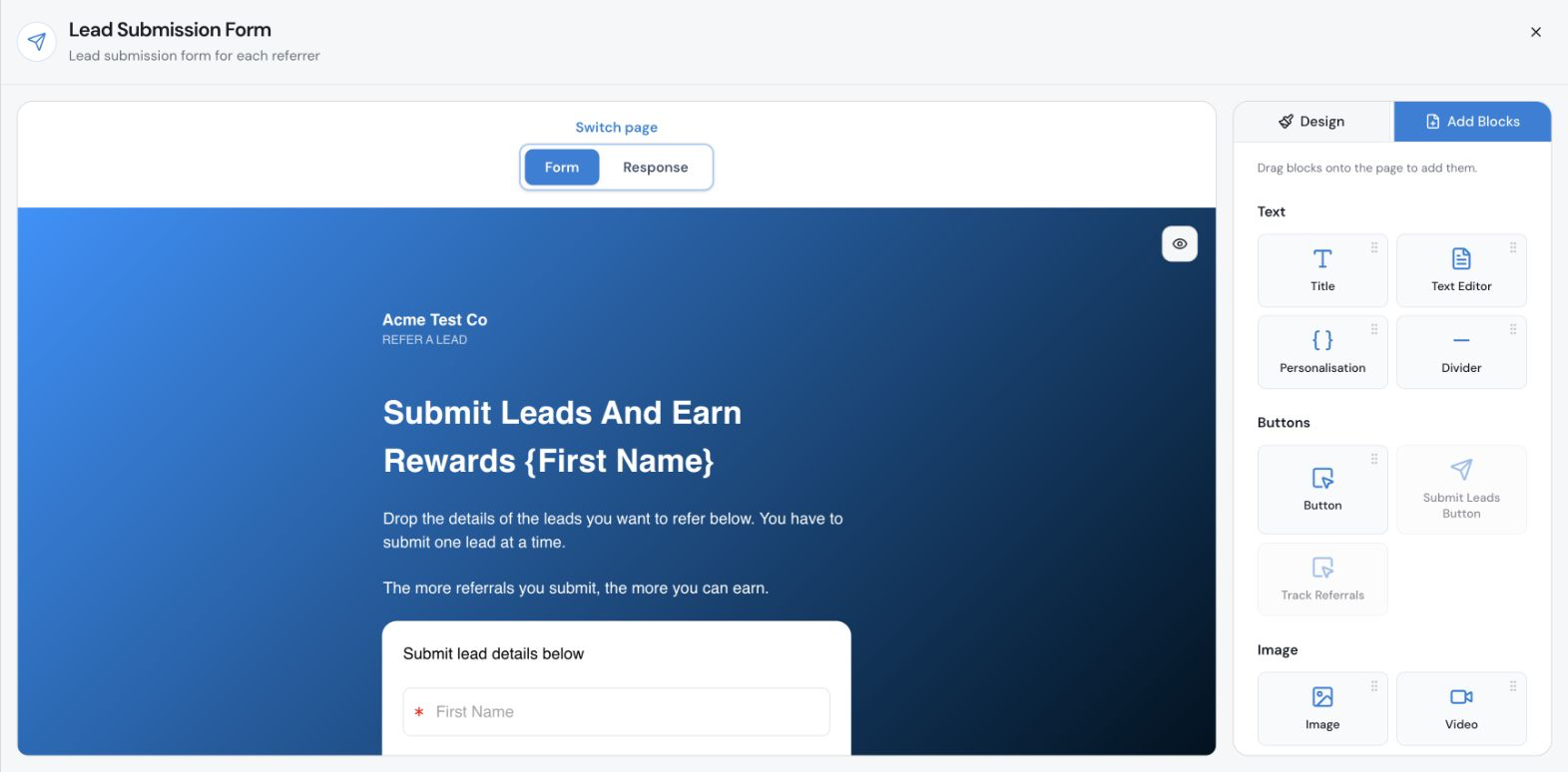 Lead Submission Form builder with the Add Blocks panel open
