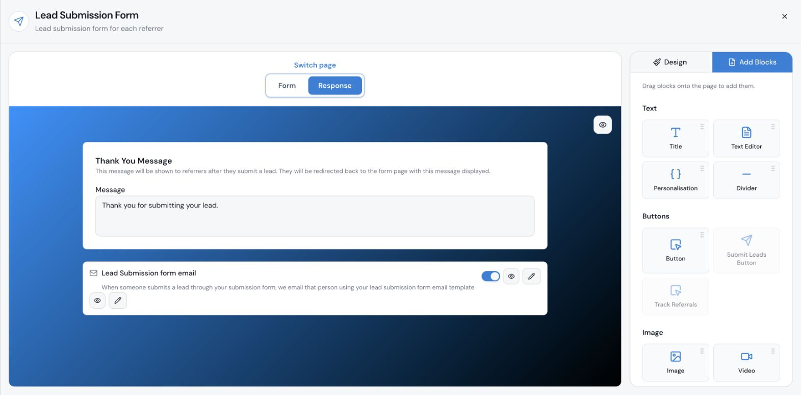 Lead Submission Form Response page showing the thank-you message and email controls