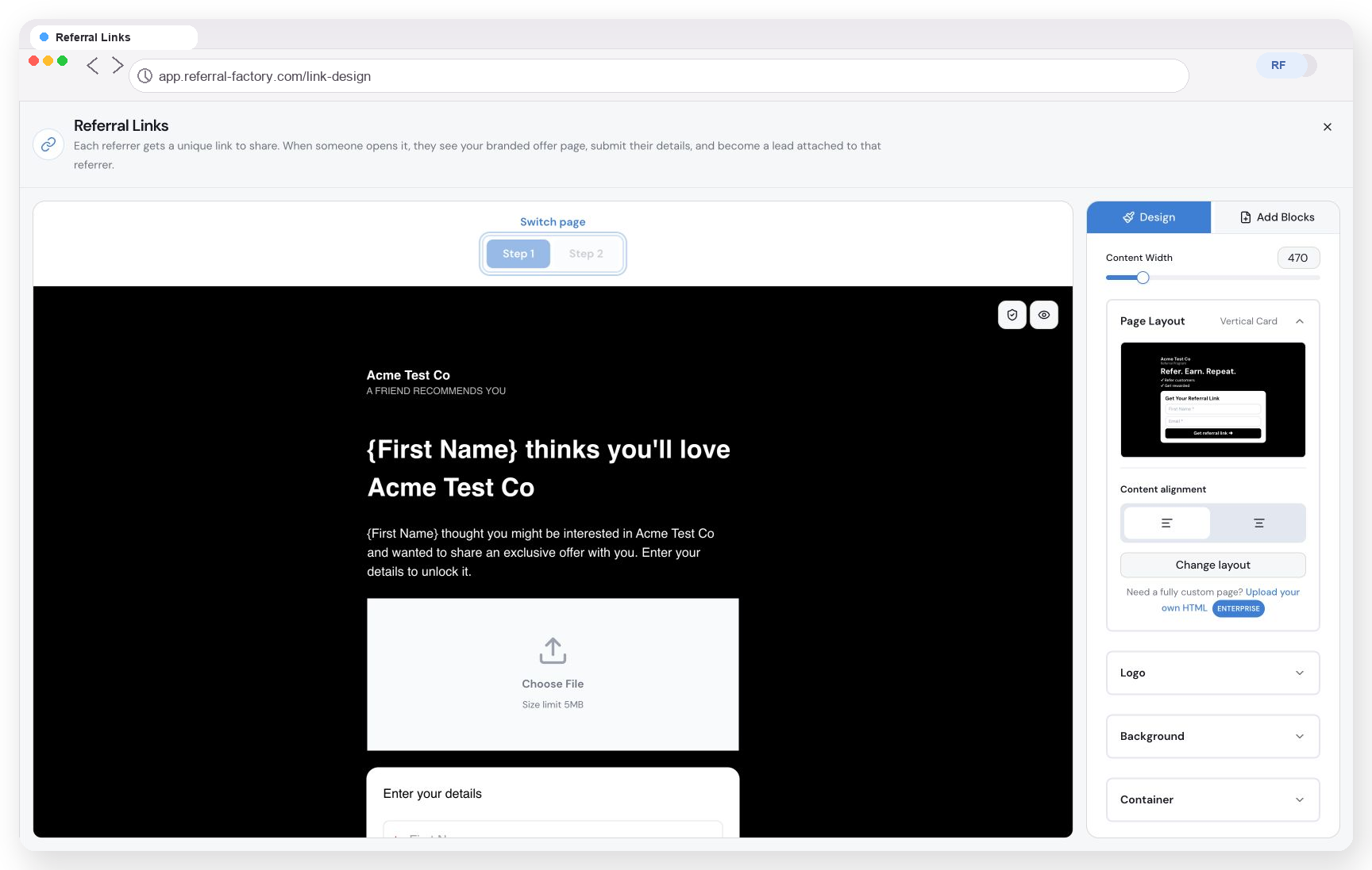 Referral Link Page editor with a Lead-facing page preview