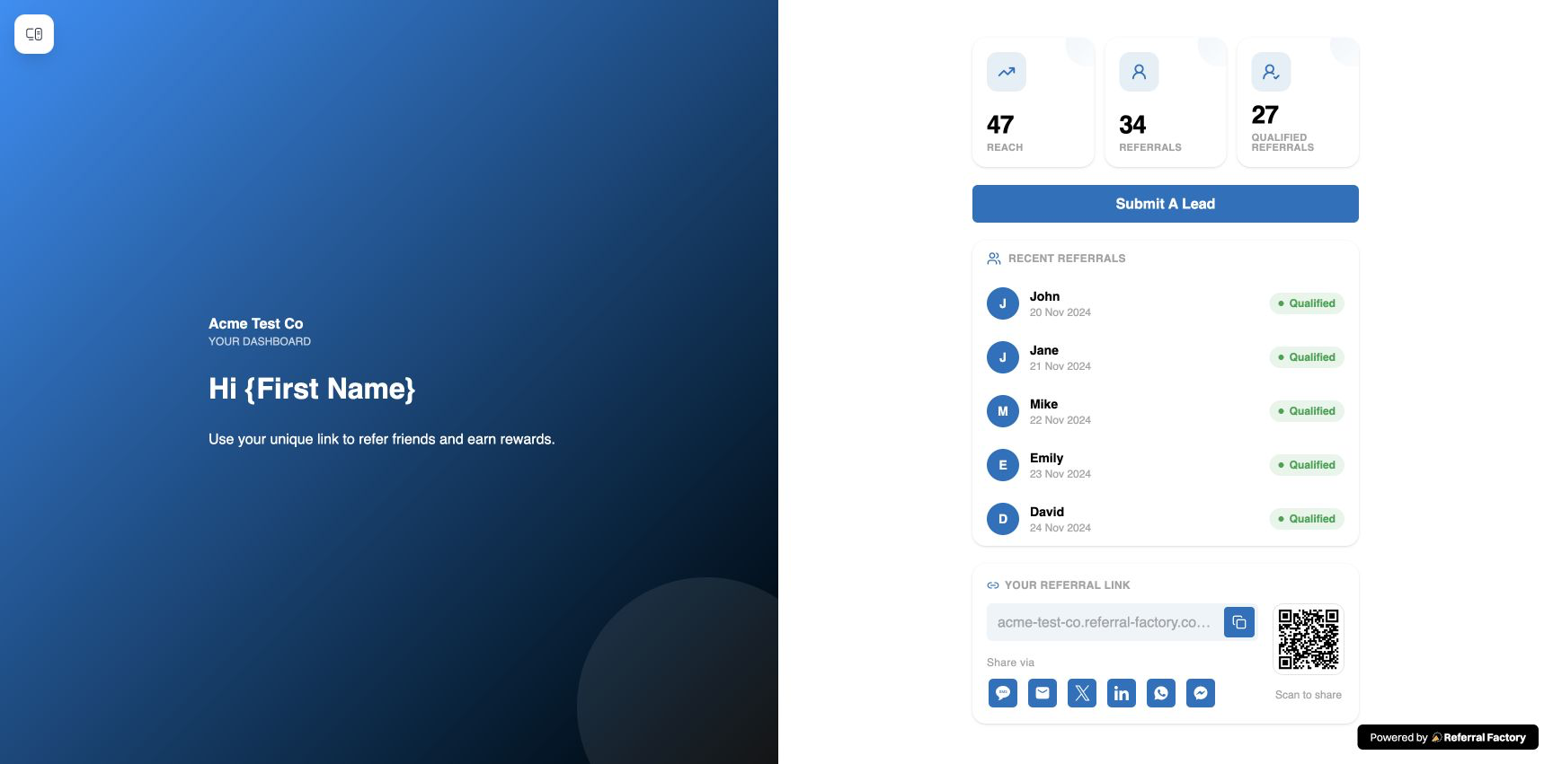 Branded Referrer Portal dashboard with referral activity and sharing tools
