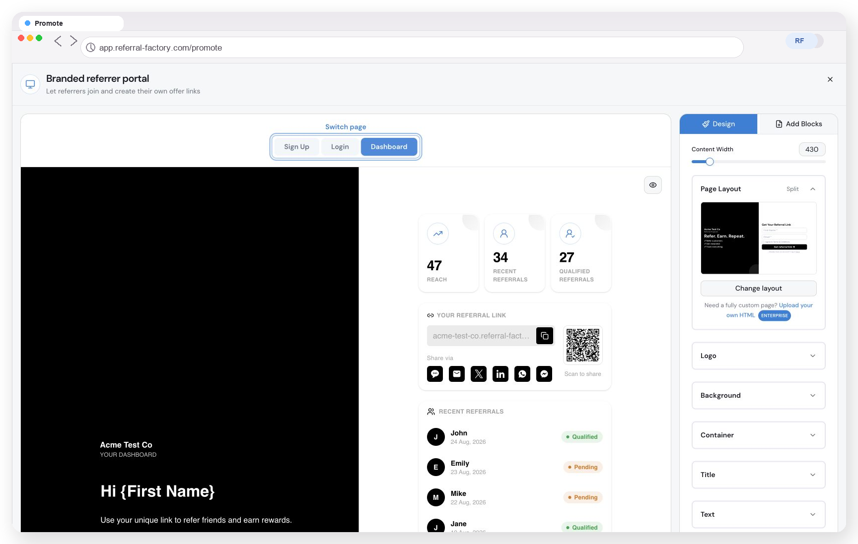Branded Referrer Portal editor showing the Dashboard page