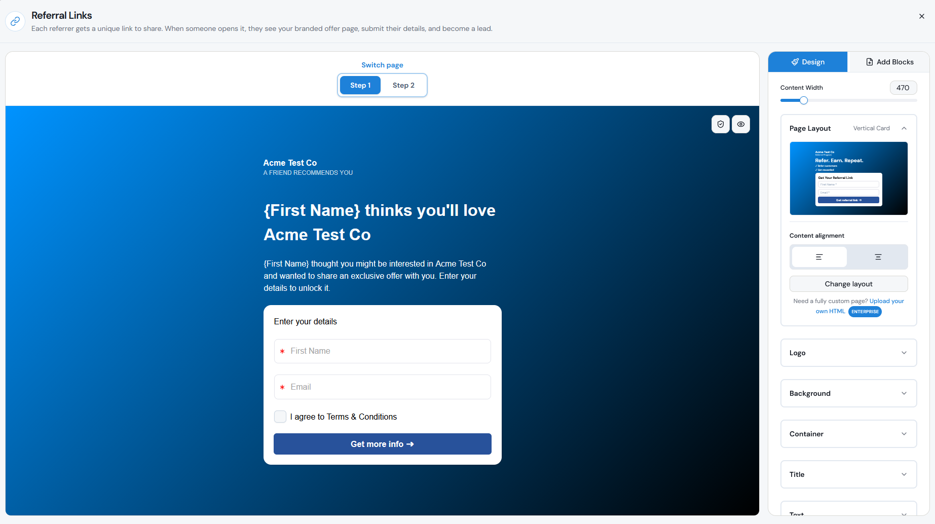 Referral Link Page editor showing Step 1 design controls