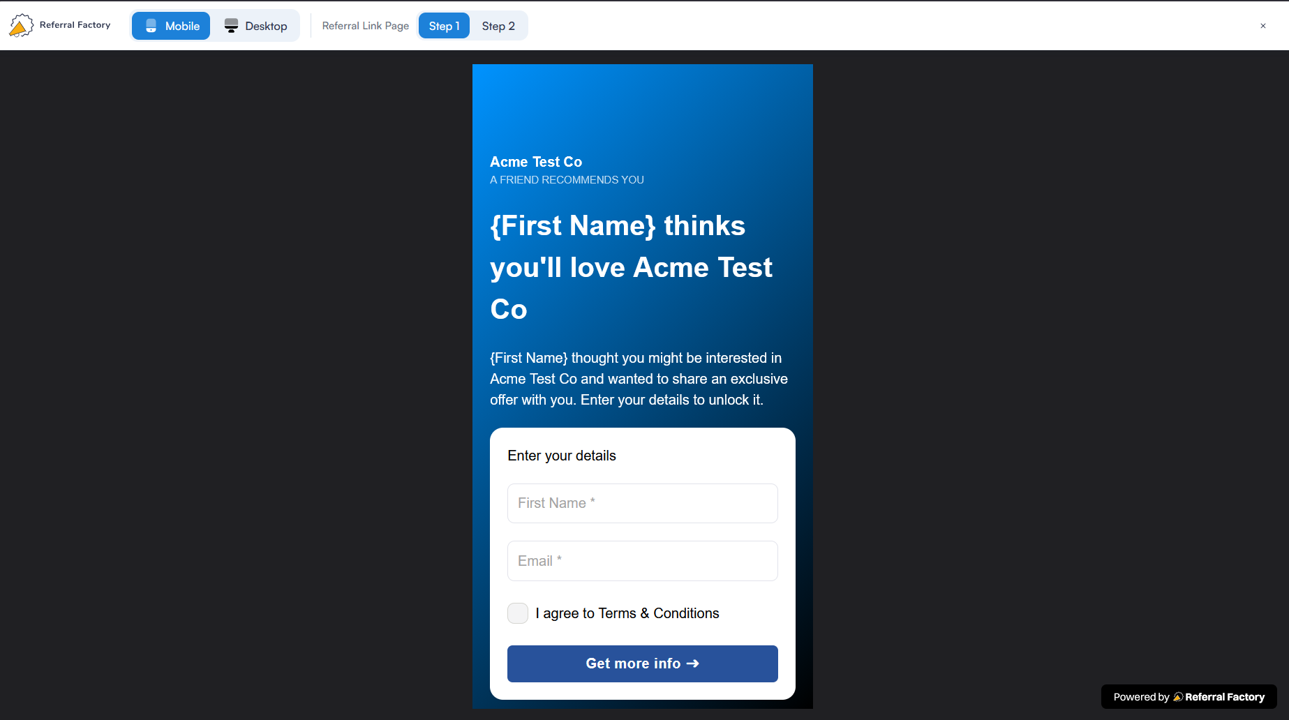 Mobile preview of a Referral Link Page