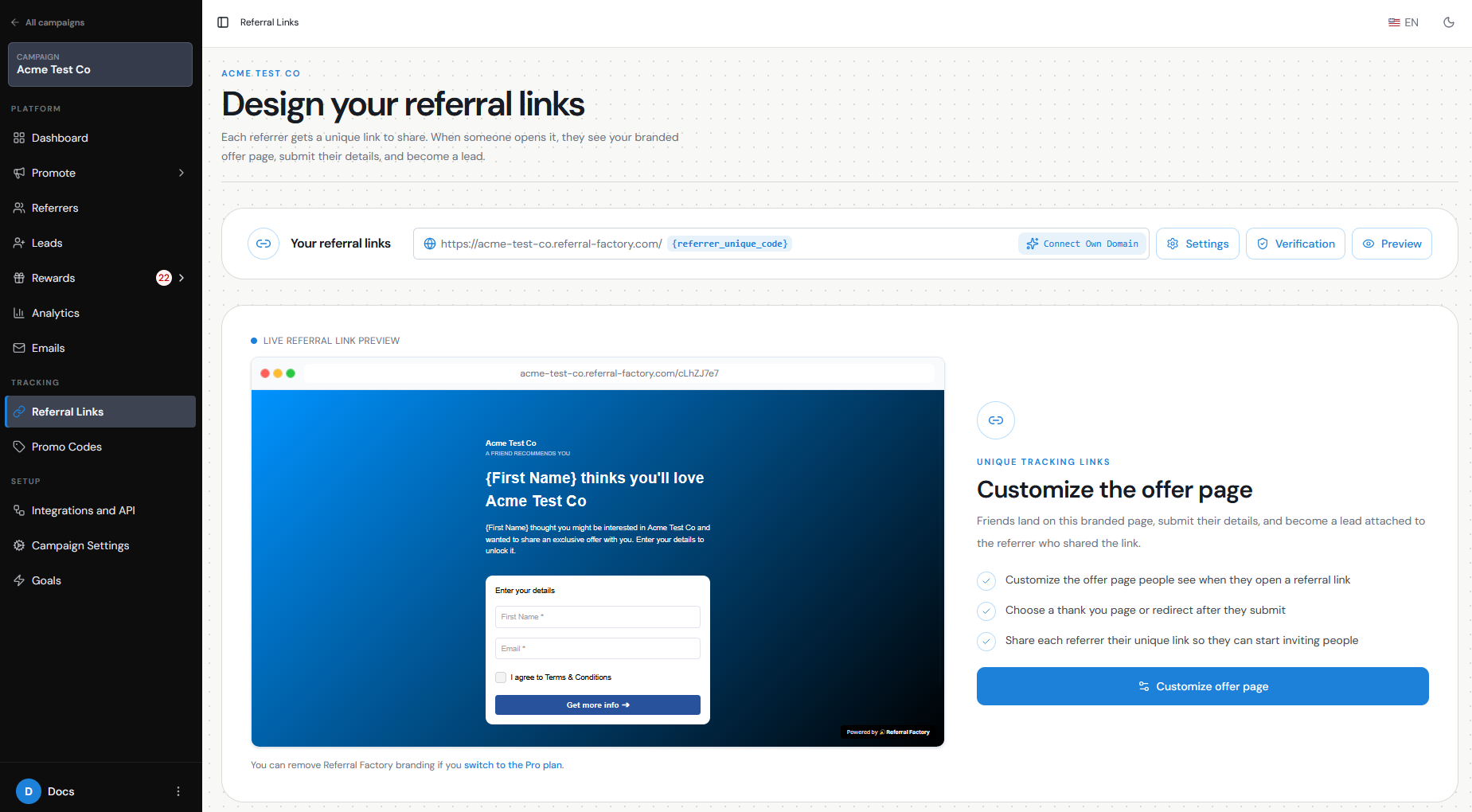 Referral Links page with the offer page preview and customise option