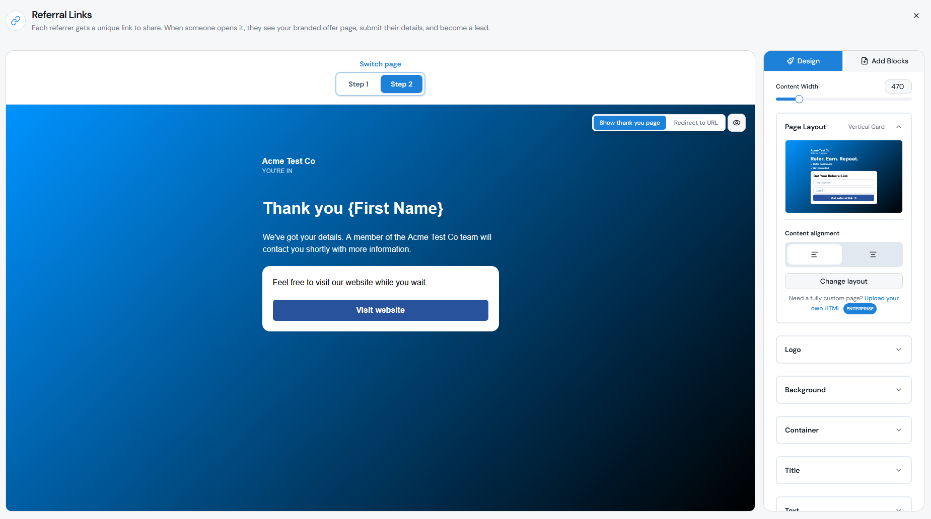 Referral Link Page editor showing Step 2 thank-you page