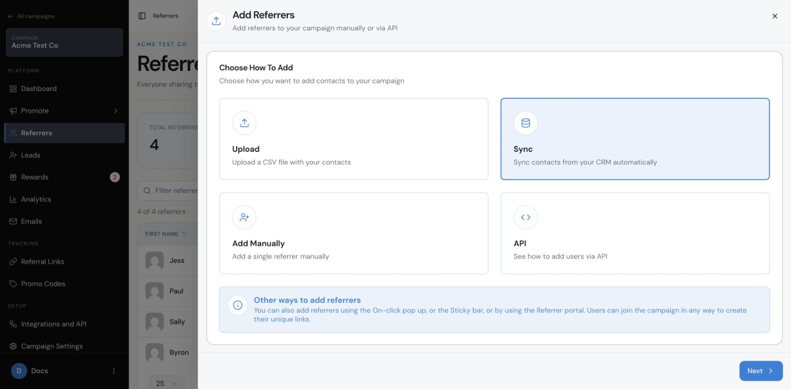 Add Referrers screen with upload sync manual and API options