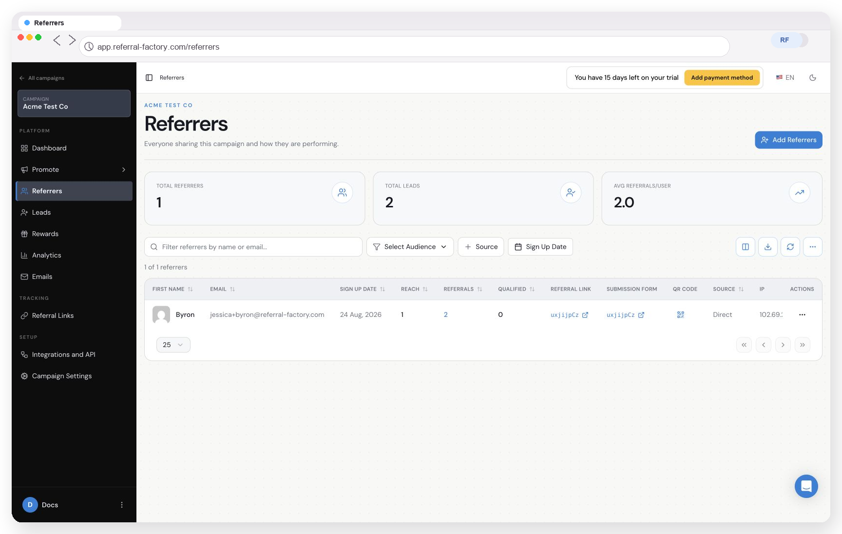 Referrers table showing referral assets for added customers