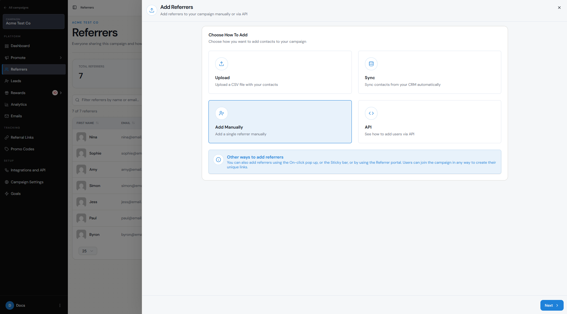Add Referrers screen with Add Manually selected