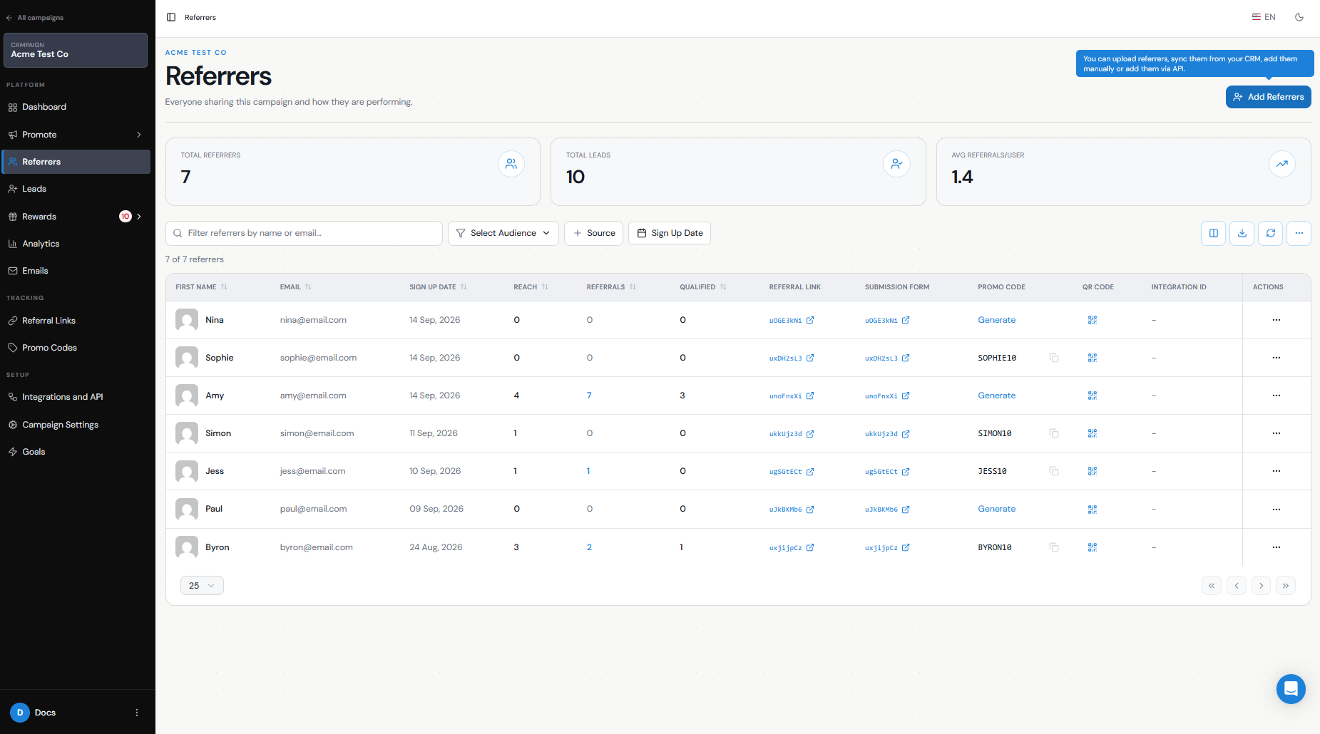 Referrers page with Add Referrers button