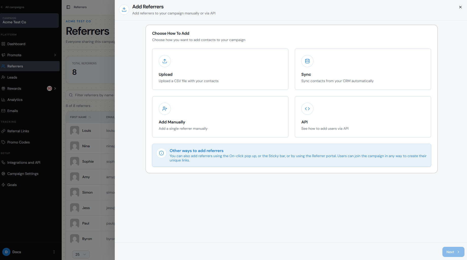 Add Referrers options for upload sync manual entry and API