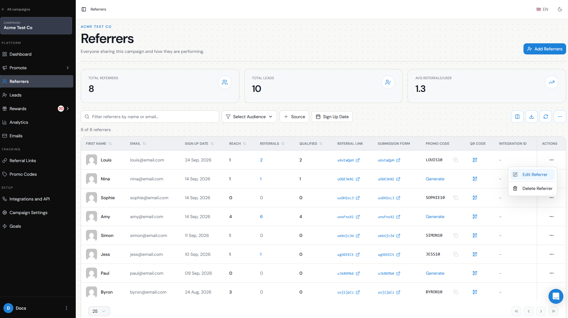 Referrer Actions menu with Edit Referrer selected