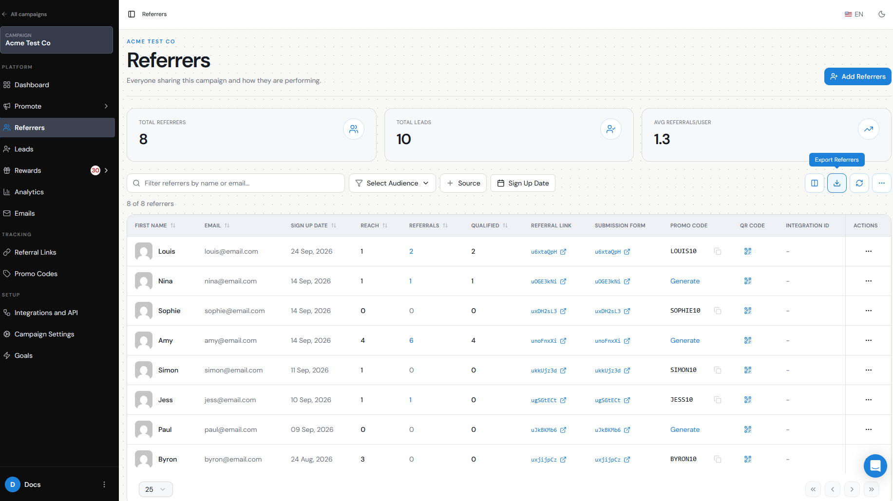 Referrers table Export option