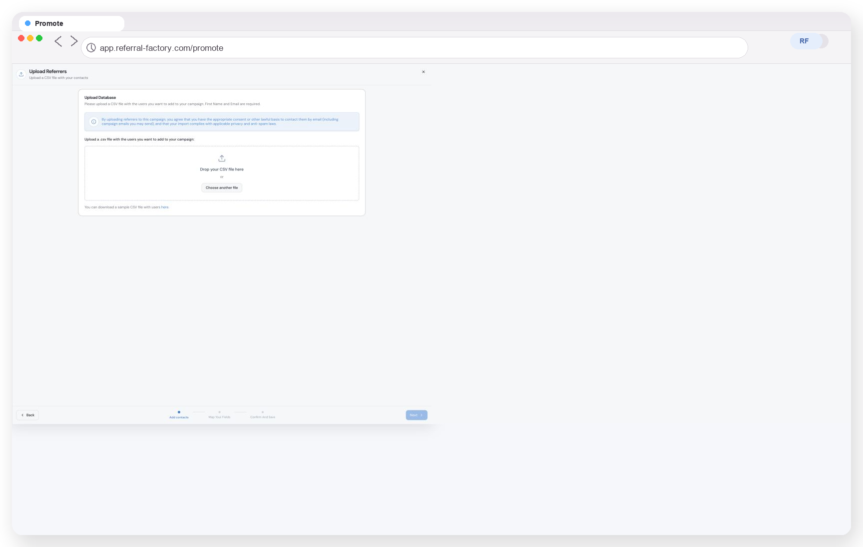 Add Referrers screen with Upload selected