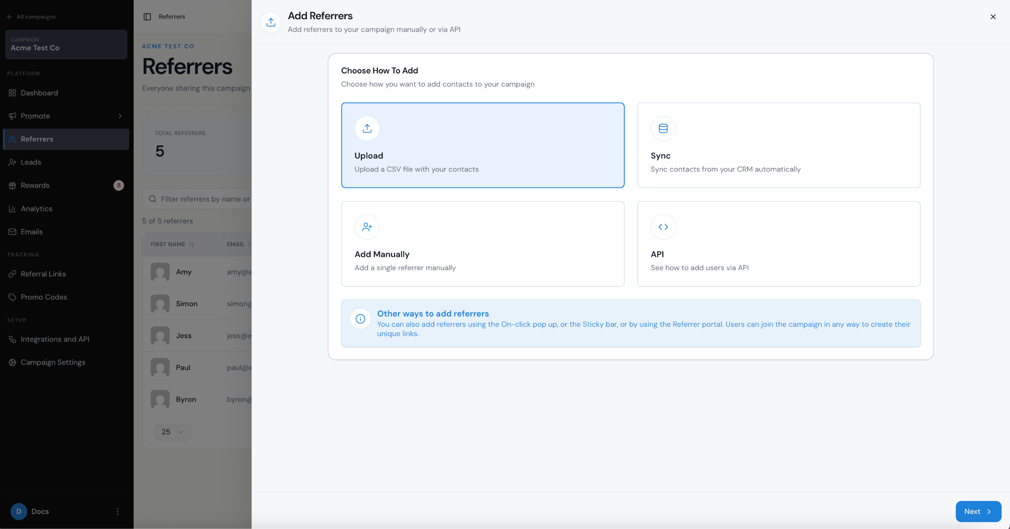Referrers table before a customer upload
