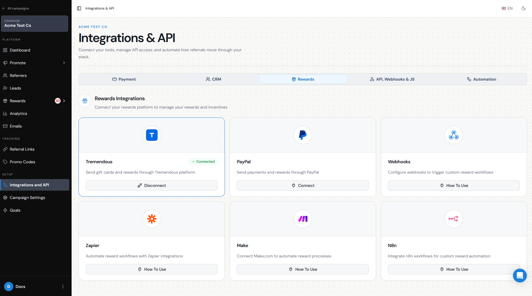 Tremendous connected under Campaign Settings → Integrations and API → Rewards.