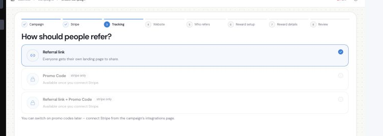 Campaign tracking offers Referral Link, Promo Code, and Referral Link + Promo Code.