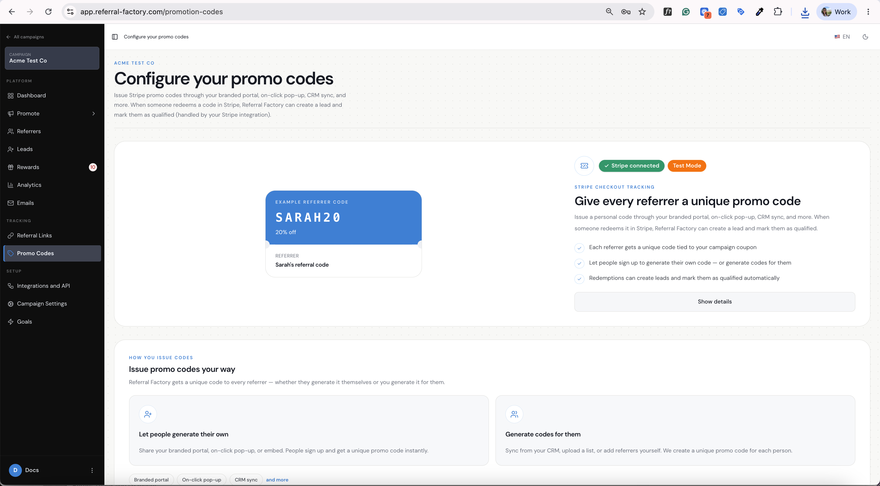 The connected Promo Codes page shows the Stripe connection, campaign coupon, and unique-code setup.