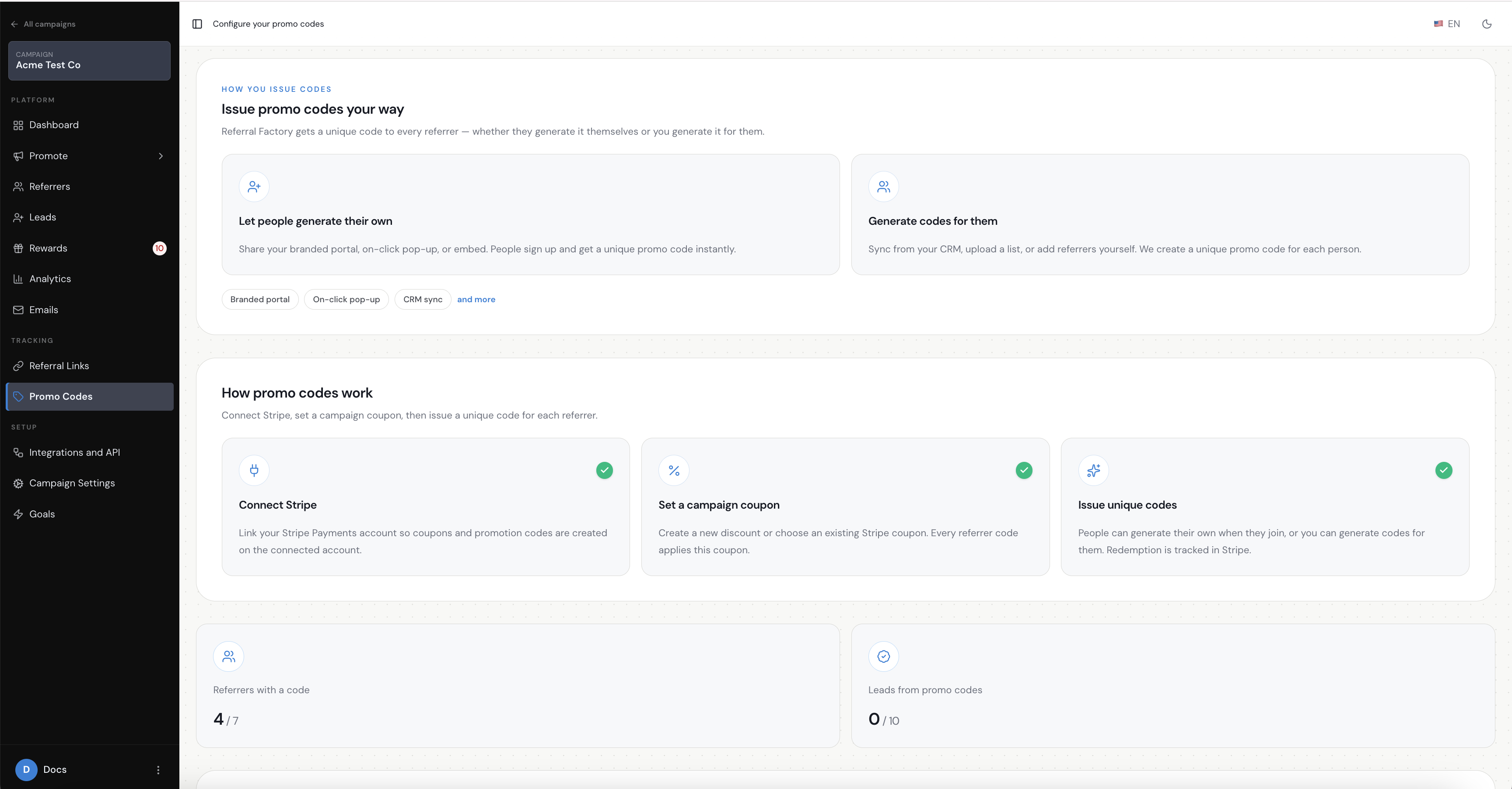 The Promo Codes page shows the two ways to generate codes: let people generate their own, or generate codes for them.
