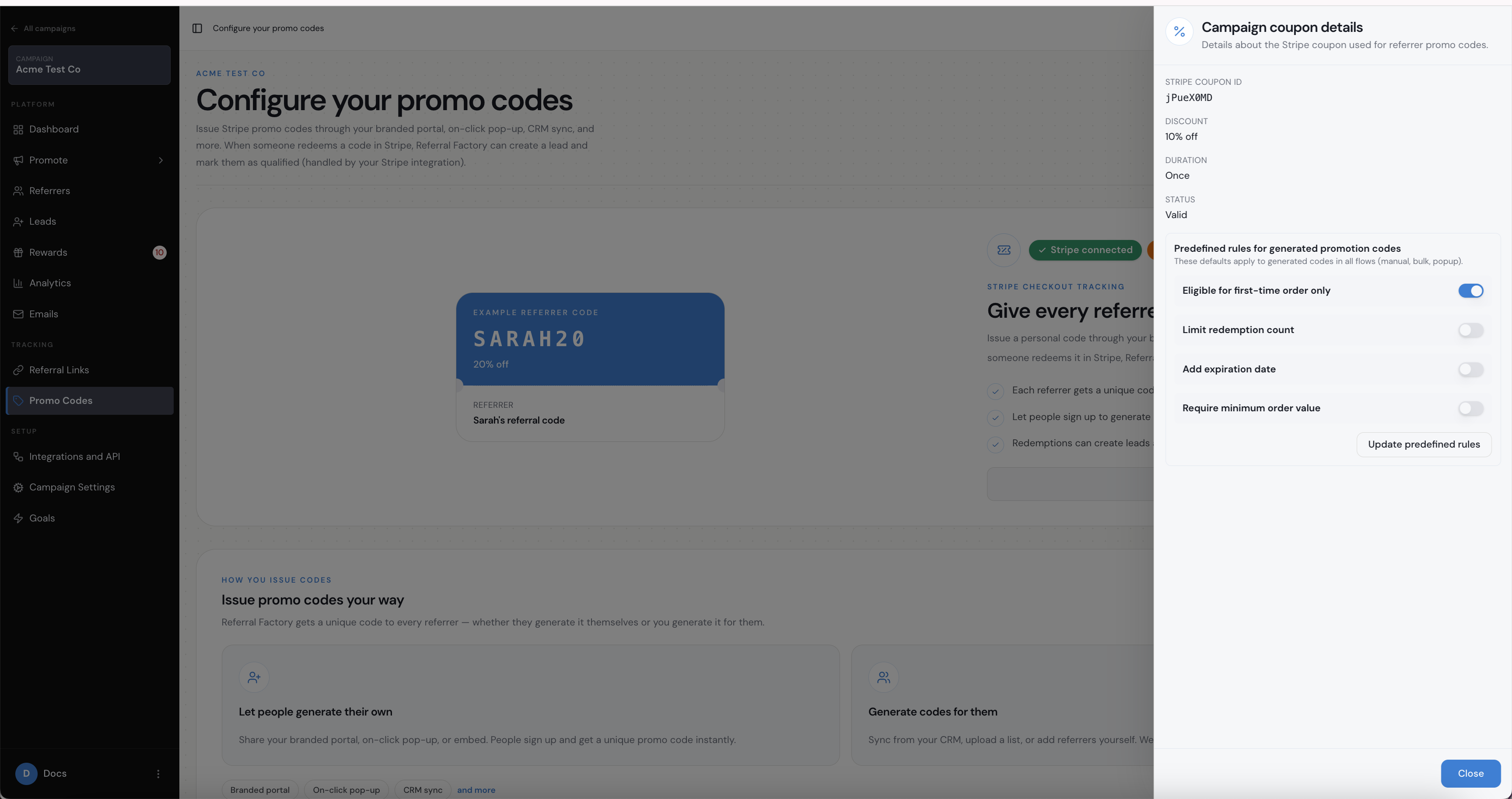 Campaign Coupon details show the predefined rules that apply to generated Promo Codes.