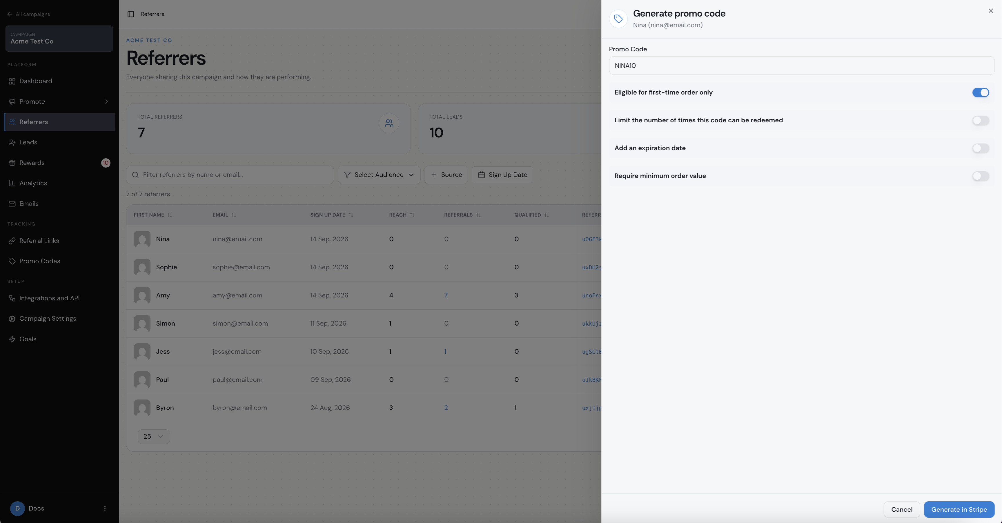 When you generate a code for one referrer, you can set the code and its Stripe redemption rules before selecting Generate in Stripe.