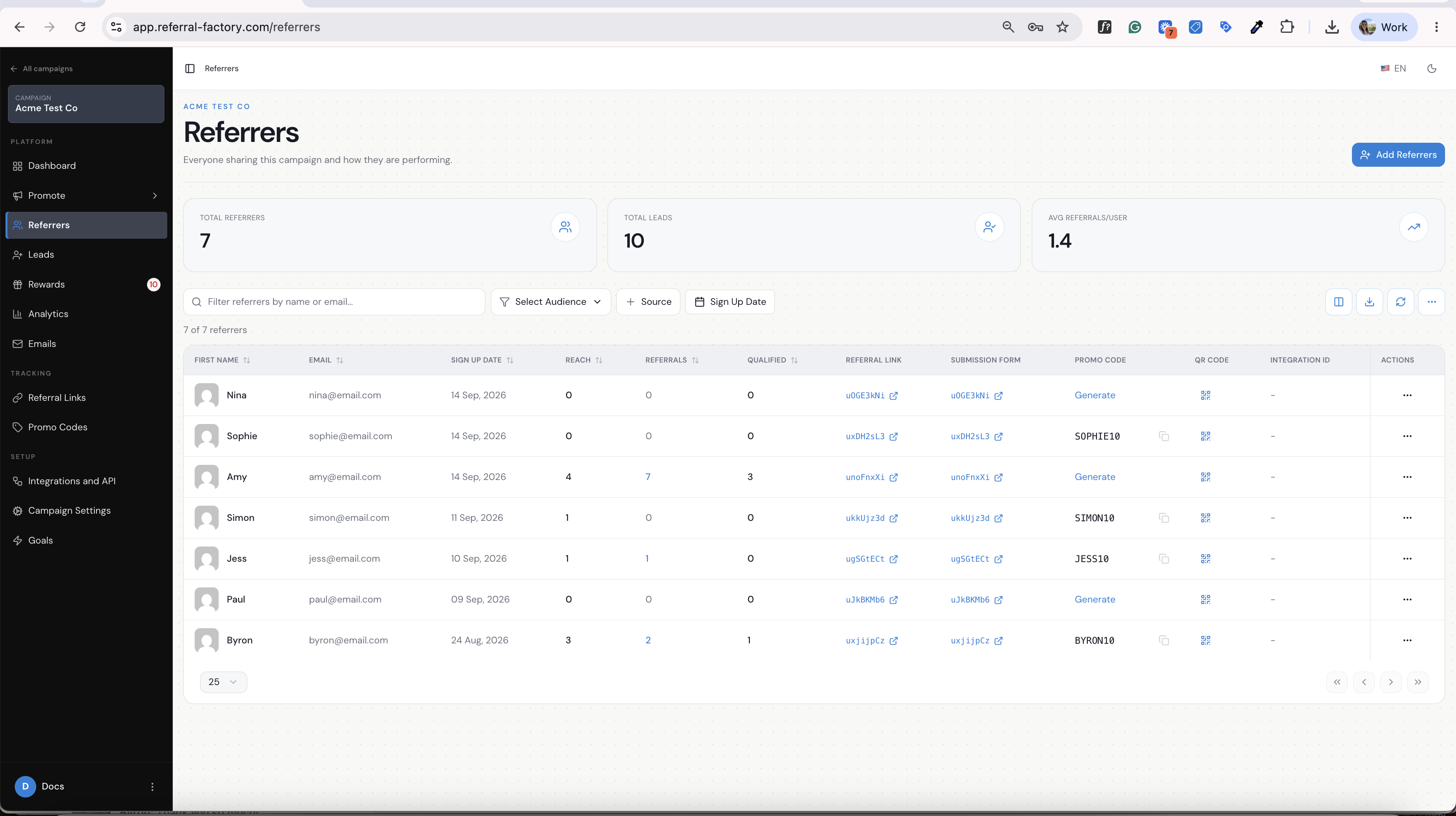 The Referrers page shows generated codes in the Promo Code column and Generate for referrers who do not have a code yet.