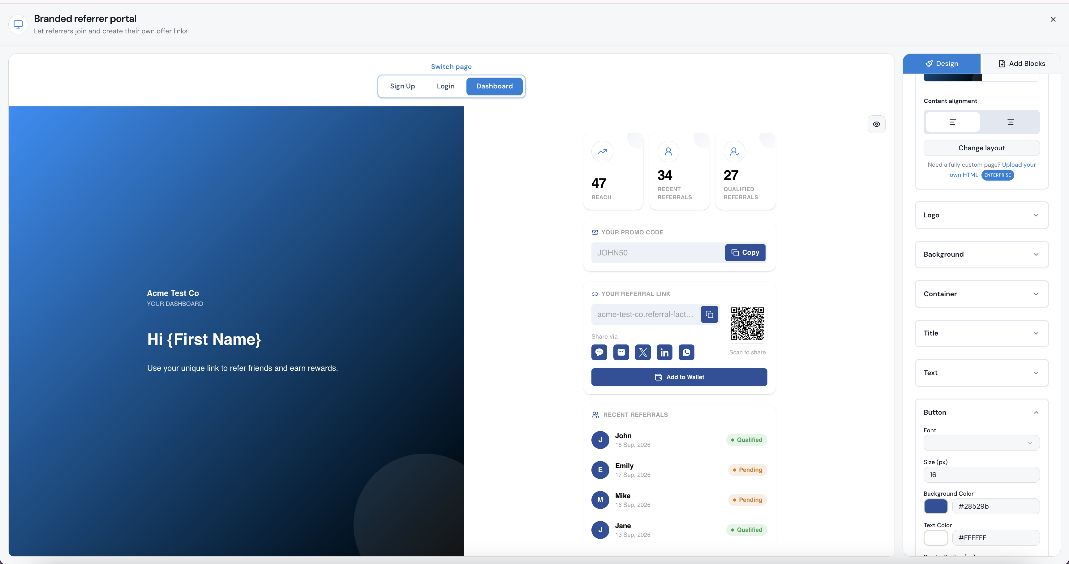 In the Branded Referrer Portal builder, add the Promo Code block under Promo Code Share Settings.