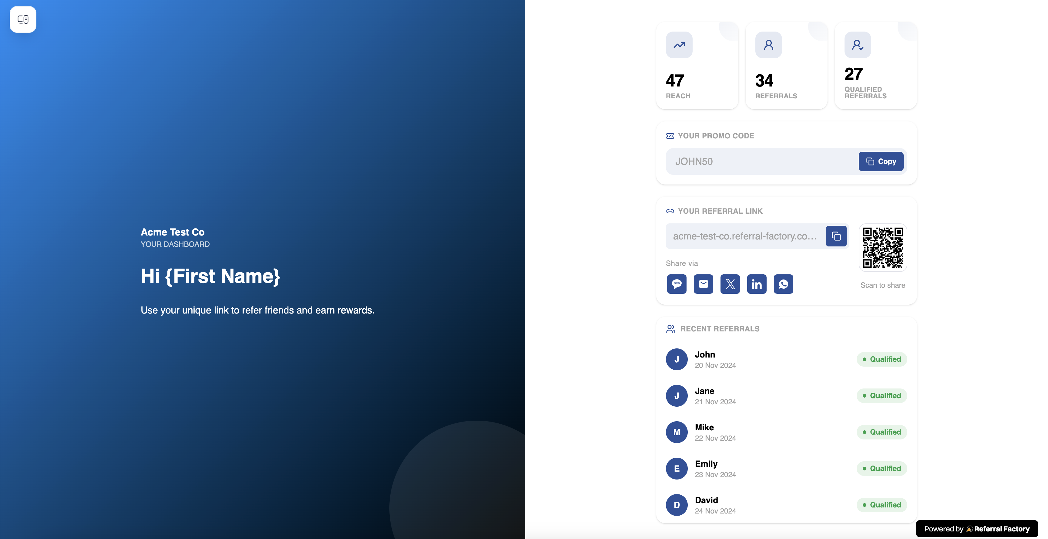 This is the view a referrer sees: their Promo Code appears with a Copy button alongside their Referral Link.