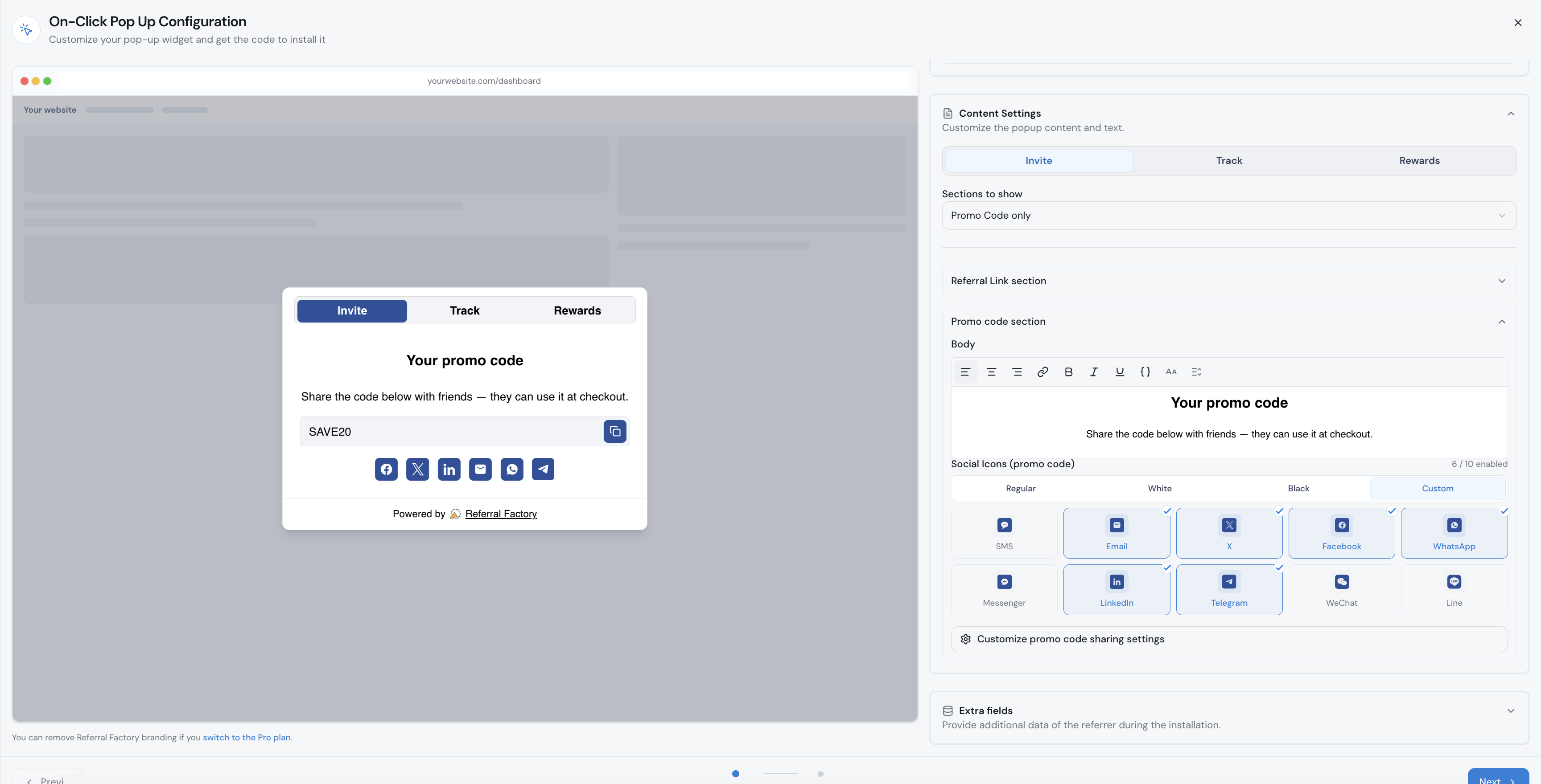 The On-Click Pop Up can show a Promo Code with a Copy button and social sharing options.