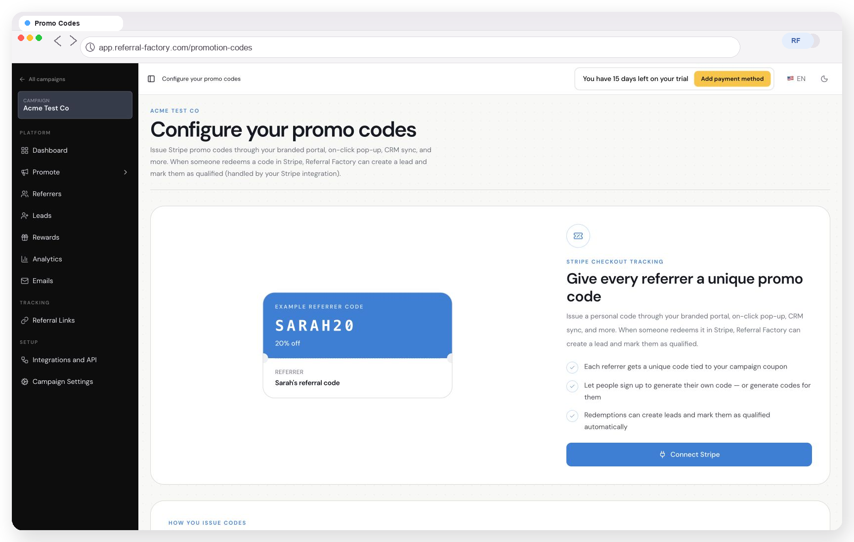 The Promo Codes page shows how a unique referrer code can be tied to a campaign coupon.