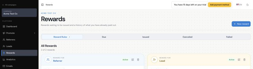 The Rewards view separates the Due, Issued, Canceled, and Failed status tabs.