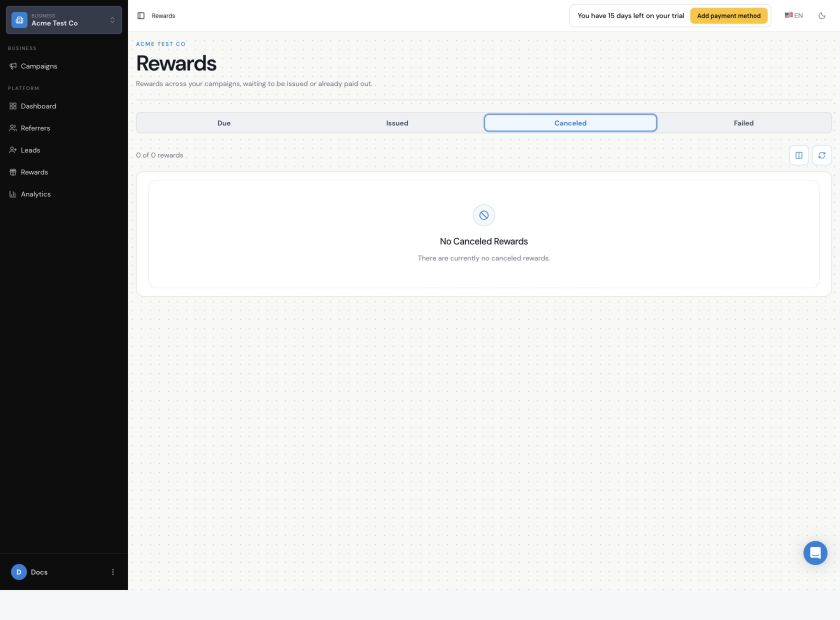 Canceled rewards can be reviewed separately and restored to Due when appropriate.