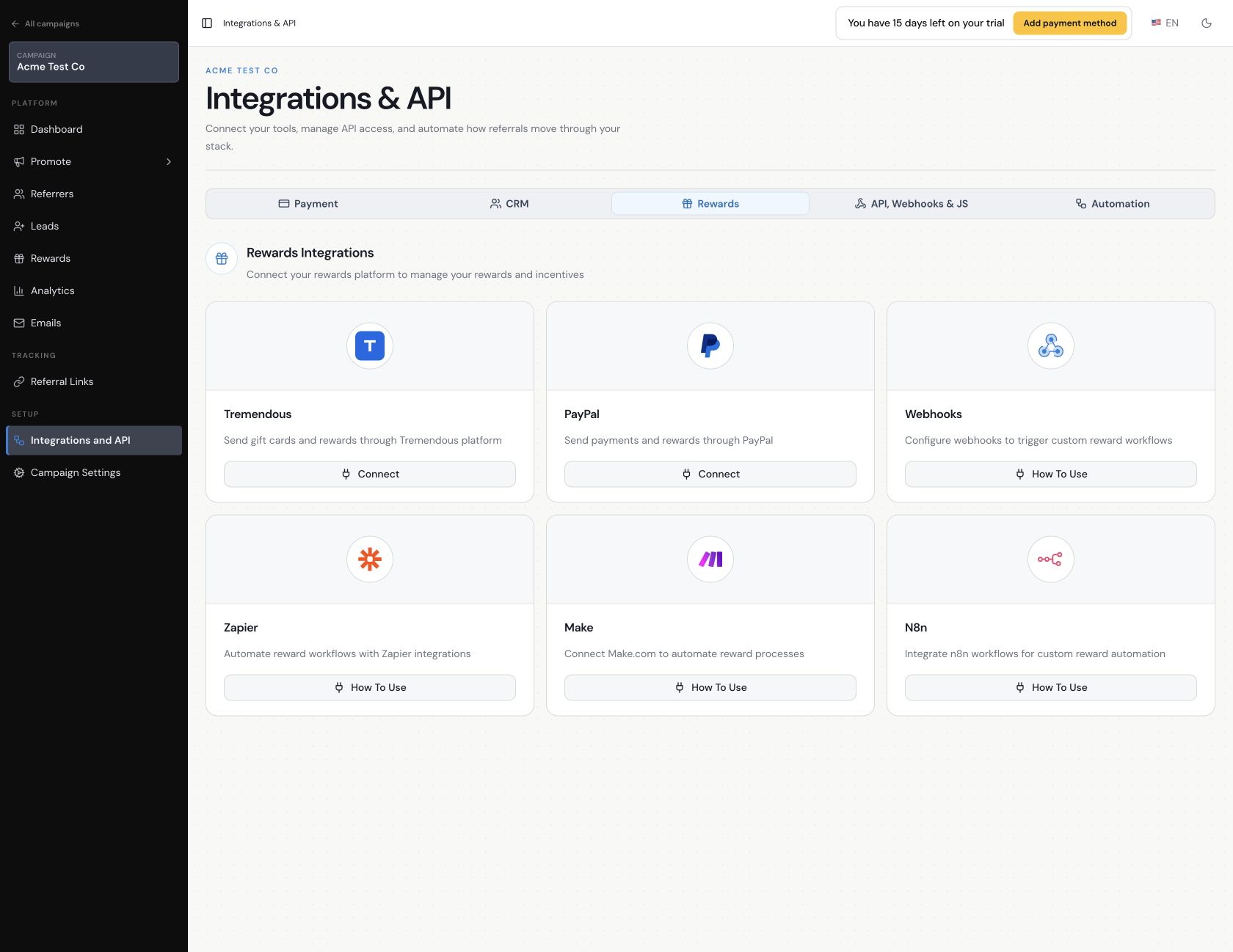Integrations & API → Rewards shows the available reward connections and automation options.