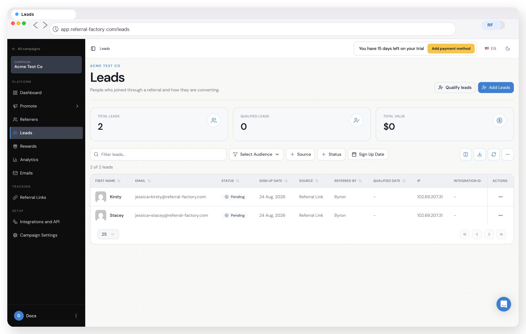 Referral Factory Leads view used to review unusual referral activity