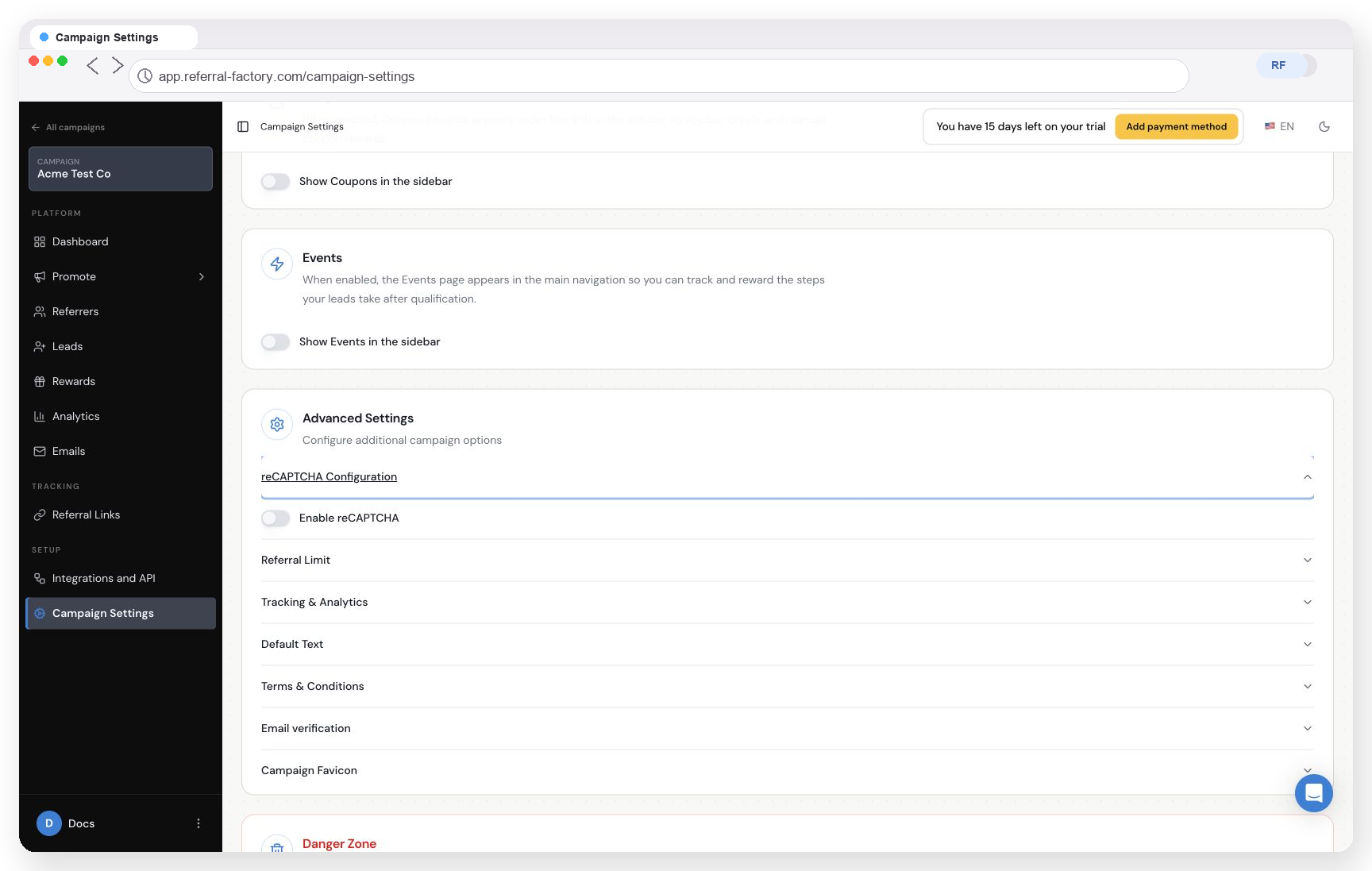 Referral Factory reCAPTCHA configuration