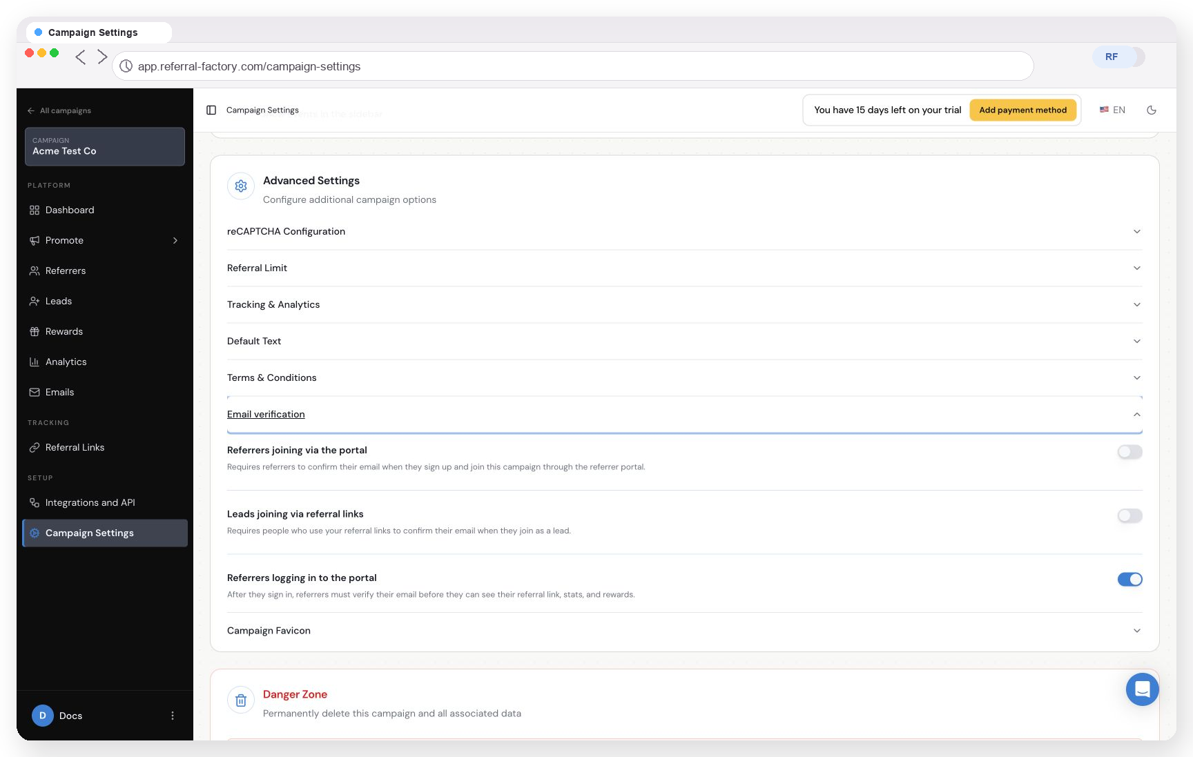 Referral Factory email verification settings