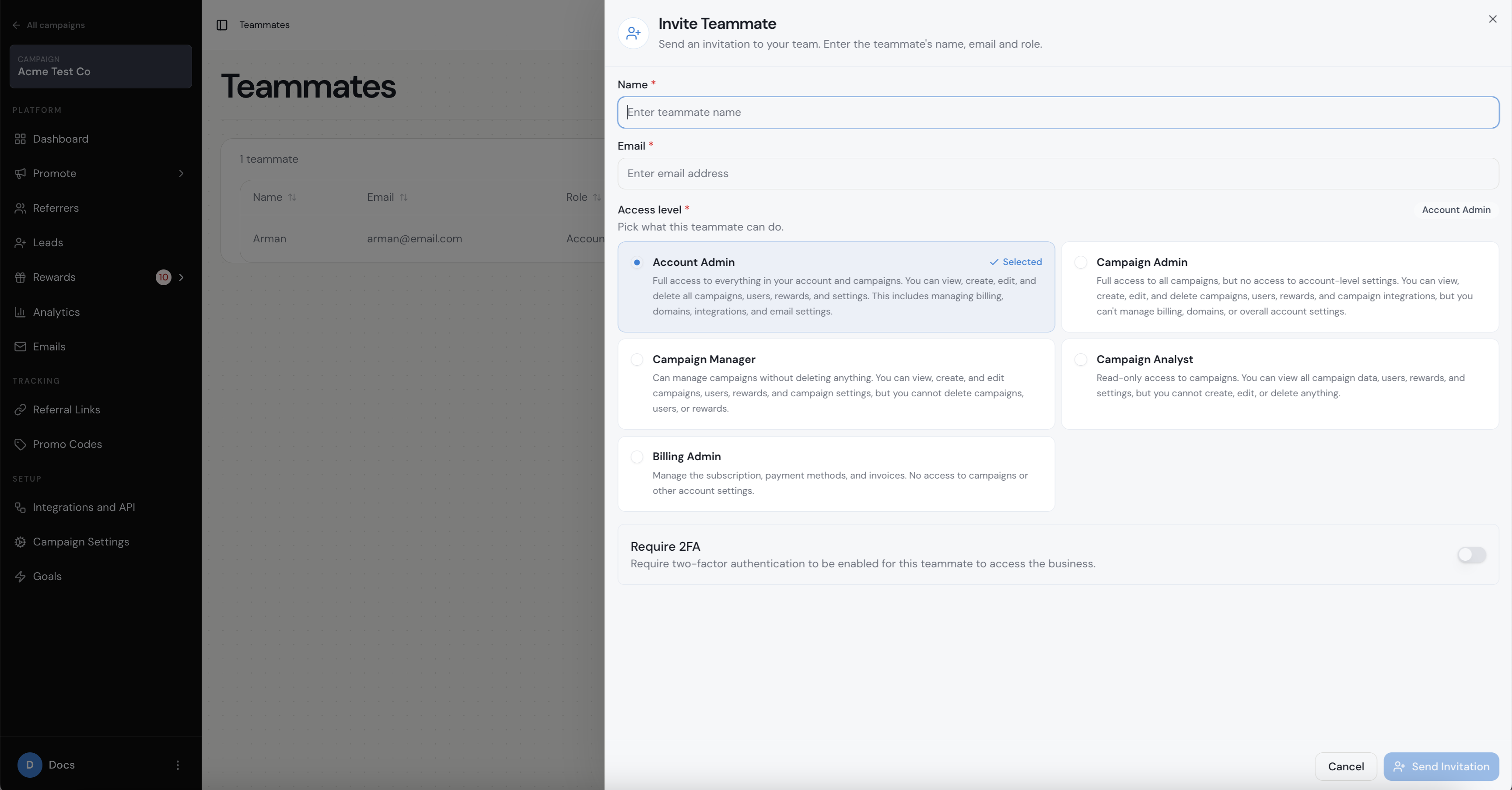 Referral Factory teammate access settings
