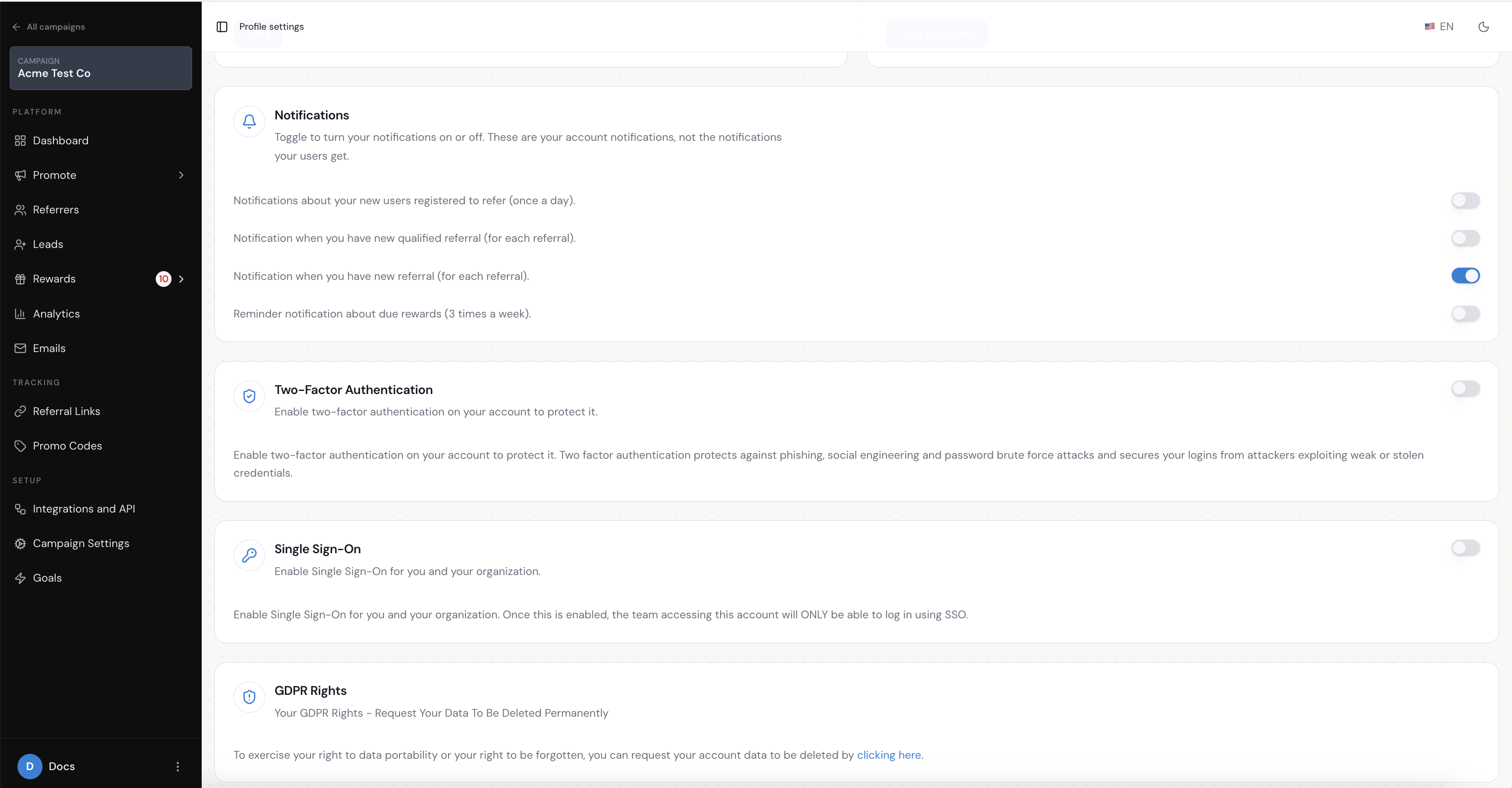 Referral Factory security settings for two-factor authentication