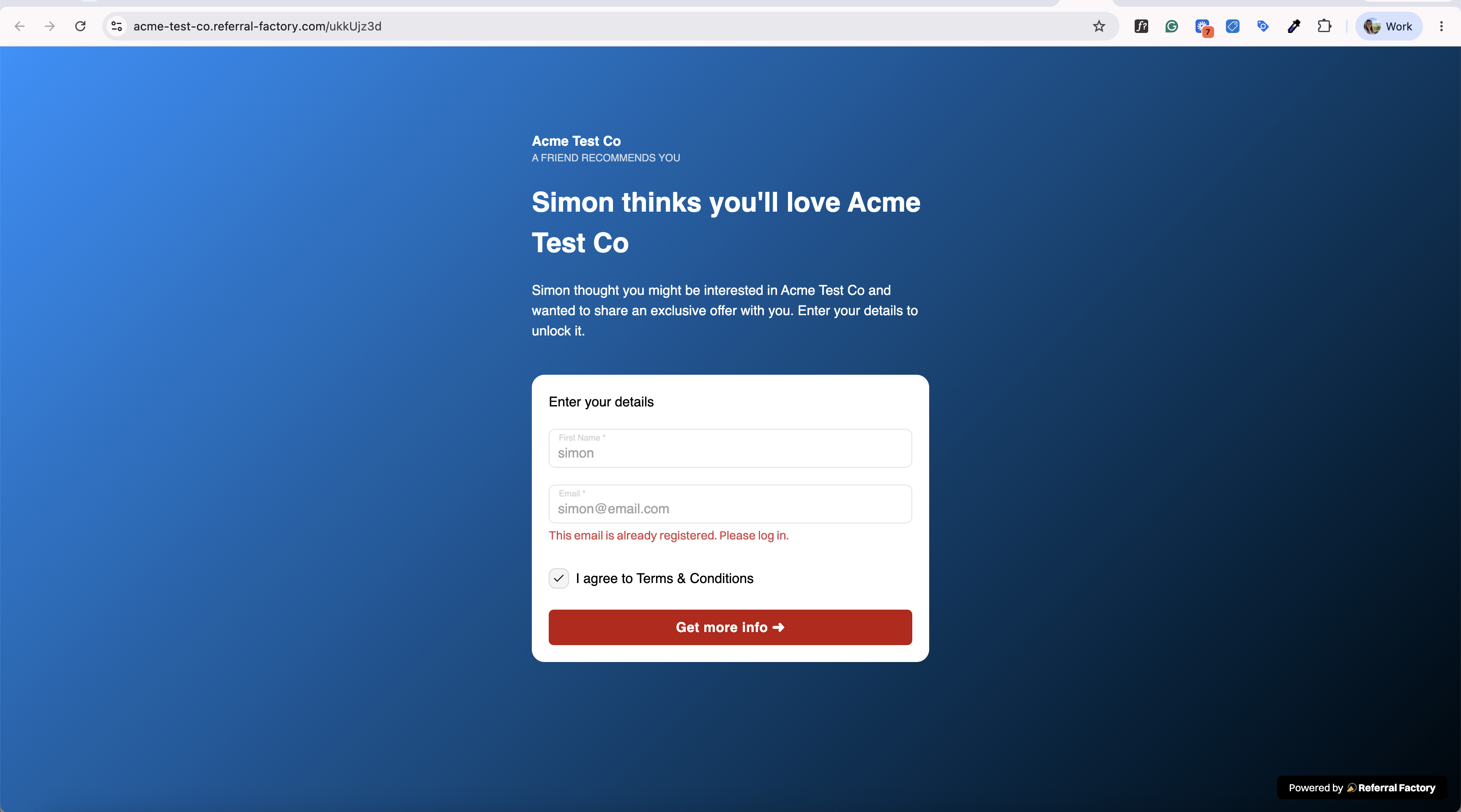 Referral form message stating that an email address is already registered