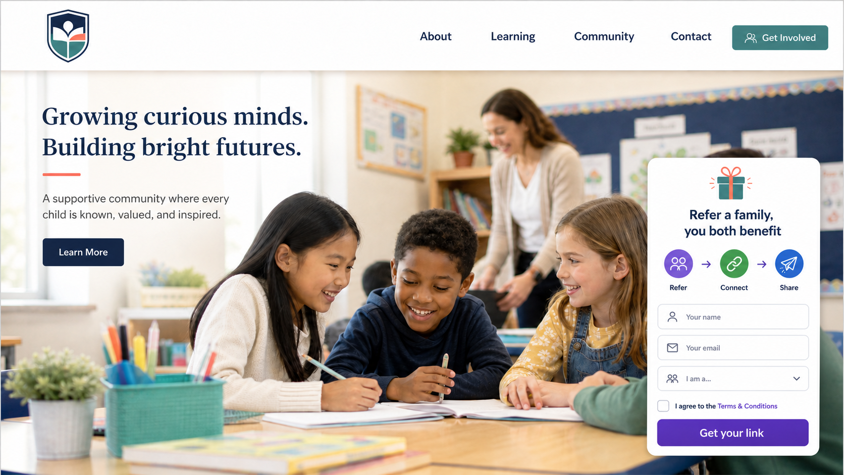 A school website homepage with a “refer a family” referral widget where a parent enters their details to get their link.