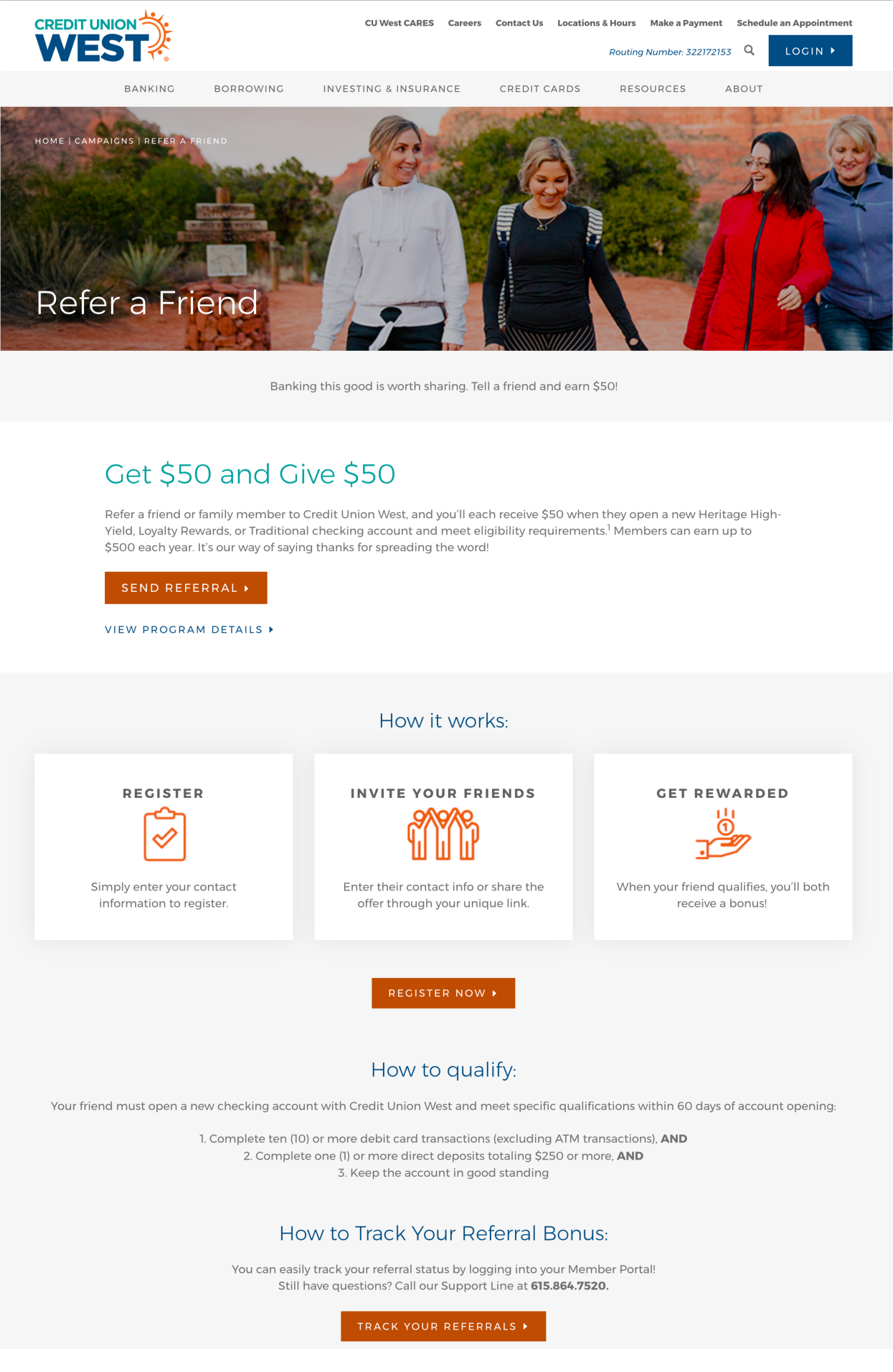 Credit Union West refer-a-friend program showing a $50 reward for both the existing and new member.
