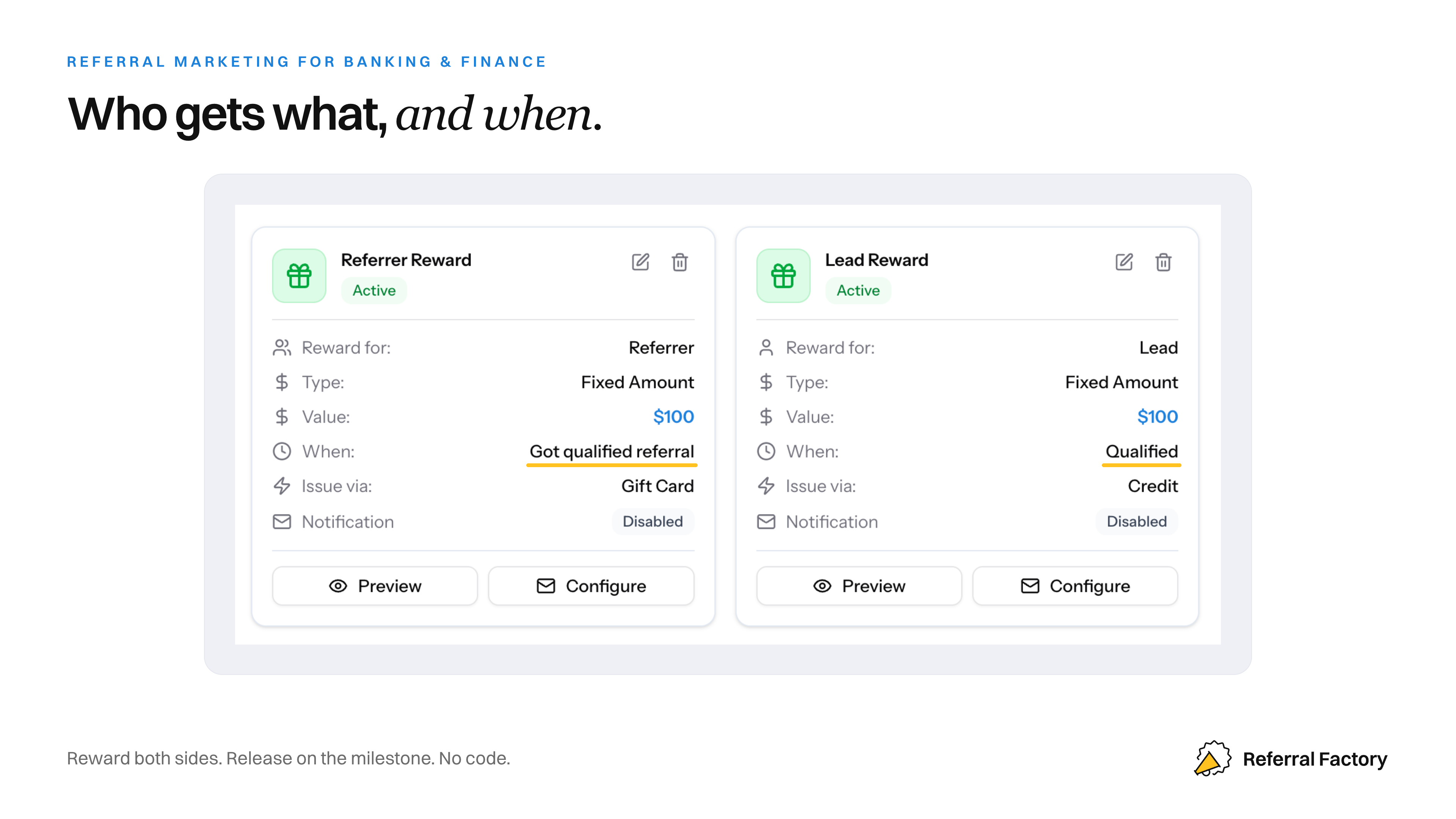 A double-sided financial services referral reward setup with separate rewards for the referrer and referred friend.