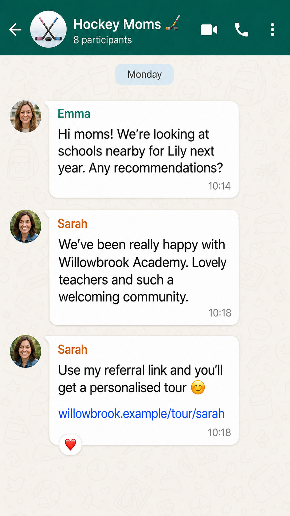 A WhatsApp parents' group where one parent recommends a school and shares her referral link for a personalised tour.