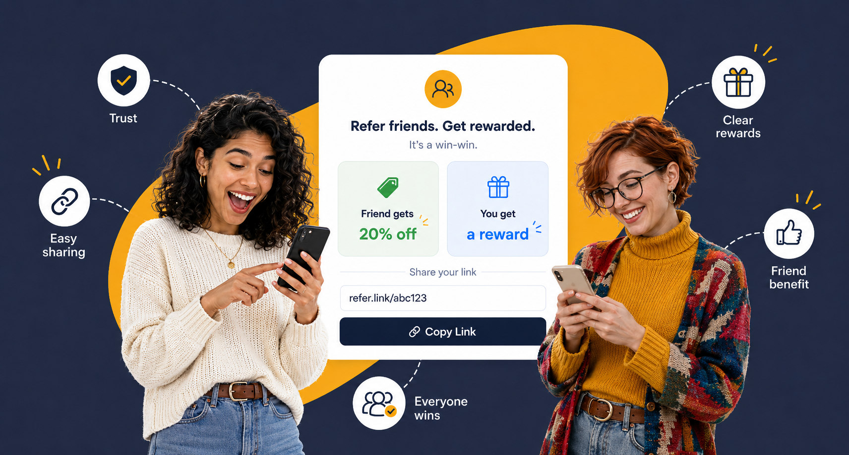 Customer sharing a referral link with a friend using a referral program interface