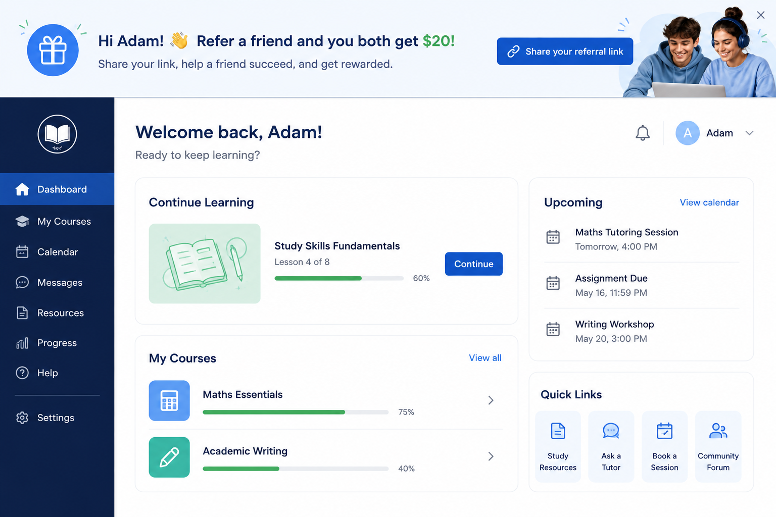 A student's online course dashboard with a “refer a friend” invitation built into the page.